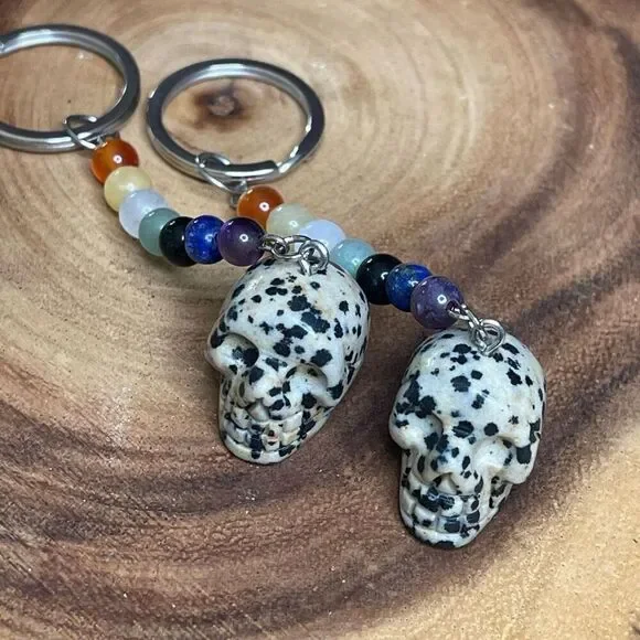 Dalmatian jasper skull carving key chain key ring 7 chakra beads rainbow