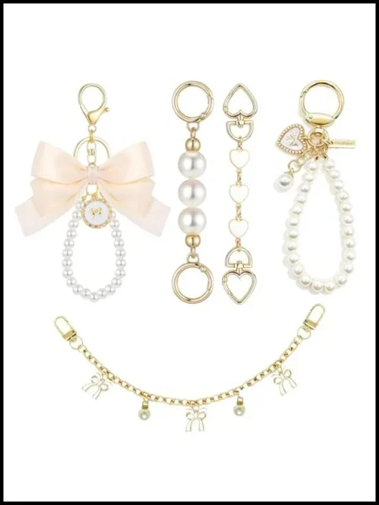 Pearl Bag Charm Set with Bow Keychain and Purse Extender Chain