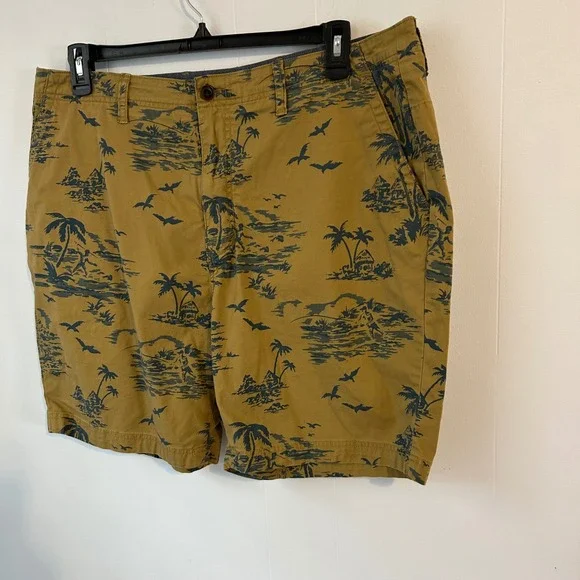 Nautica Mens Tropical Island Print Chino Shorts Mustard‎ Tan Blue Size 38W