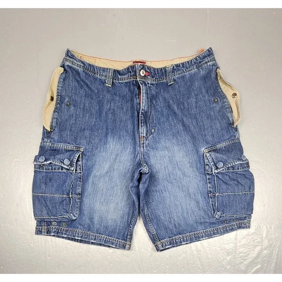 Tommy Hilfiger Jean Shorts Mens 36 Blue Baggy‎ Cargo Distressed Red Label Denim