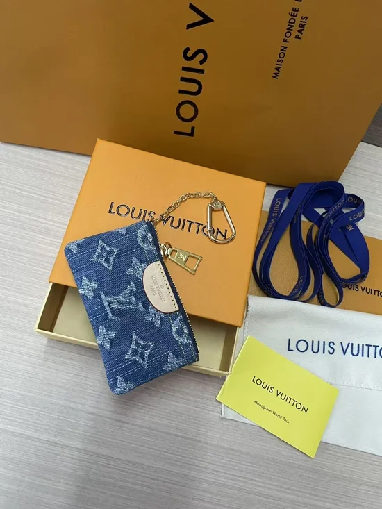Louis Vuitton Blue Monogram Denim Key & Card Holder with Gold Chain
