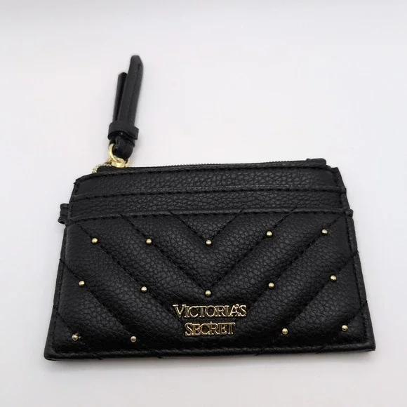 VICTORIA'S SECRET ID CARD CASE HOLDER KEY CHAIN Zip Wallet - Black