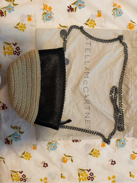 Stella McCartney Black & Natural Raffia Mini Falabella Crossbody Bag