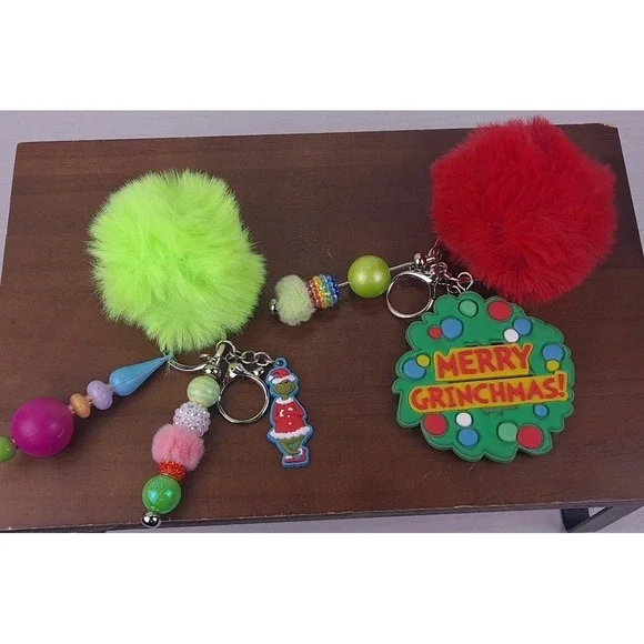 Christmas Pom Pom Merry Grinchmas Beaded‎ Purse Charm Key Ring Handmade