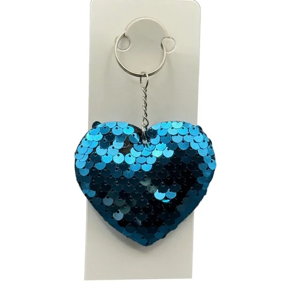Blue Sequin Heart Keychain Reversible Flip‎ Sparkle Bag Charm New
