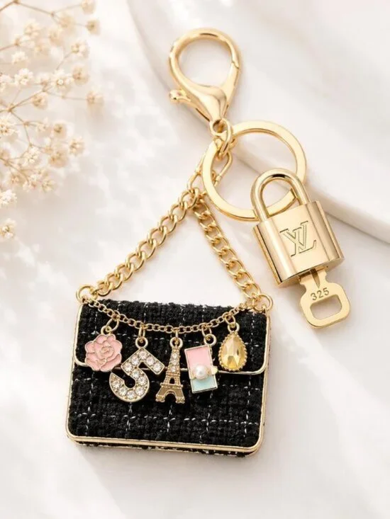 Authentic Louis Vuitton Padlock & Key Gold ✨Unbranded Tweed Bag Charm Keychain