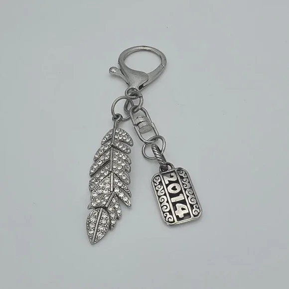 BRIGHTON 2014 Keychain Fob Feather‎ Charm Crystal Accents Silver Plate 4