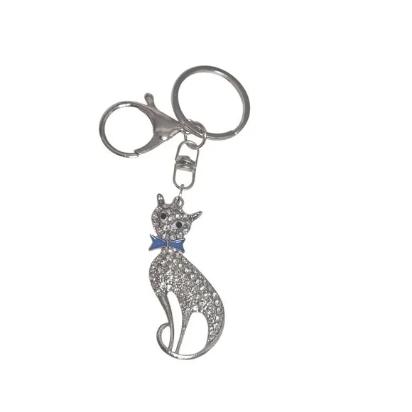 Rhinestone Cat Keychain Purse Charm, Cute Kitty Keyring, Blue Bow‎ Gift, Silver