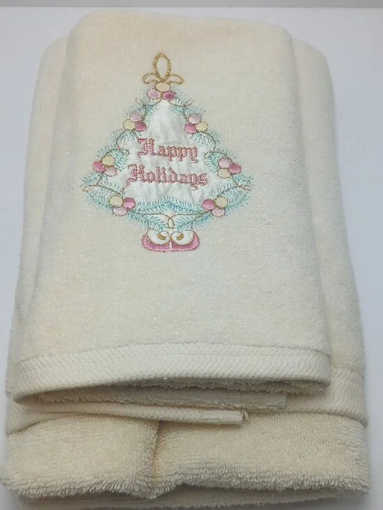 Royal Terry 1980s Christmas Happy Holidays Body and Hand Towel Set Cotton USA