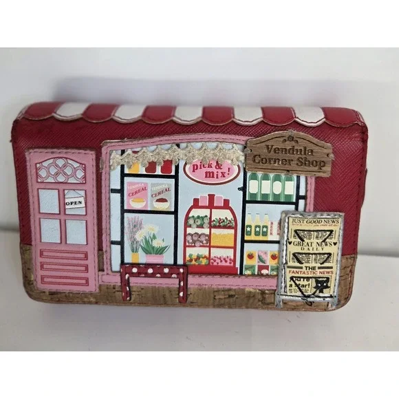 Vendula London CORNER SHOP Zip Around Wallet RED Pink Preowned‎ RARE
