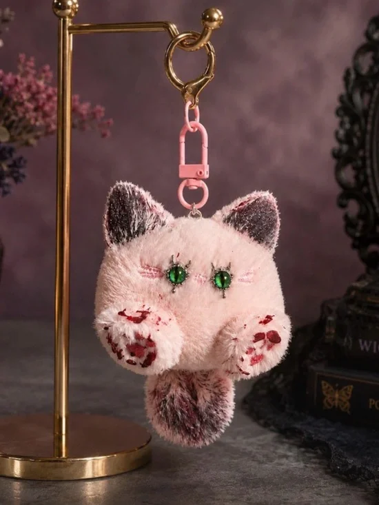 Hand made creepy goth Pink Plush Cat Keychain with Green Gem Eyes