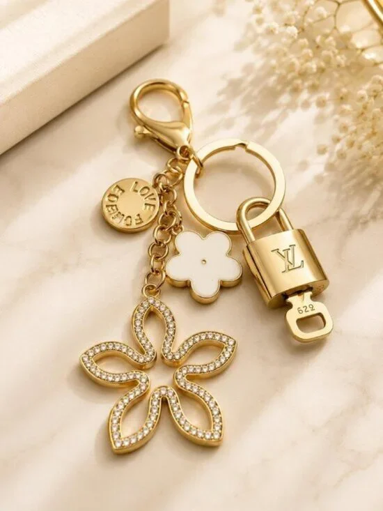 Authentic Louis Vuitton Gold Lock & Key ✨ Bag Charm Unbranded Flower Keychain