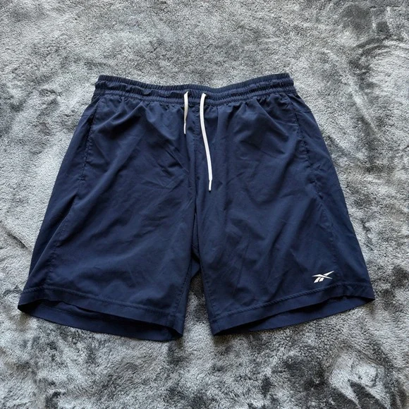 Reebok Mens Navy Blue Athletic Training Gym Shorts Large REECYCLED Drawstring
