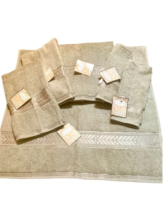 Wellesley Manor Luxury 100% Cotton Embellished Towels Taupe Tan 6-Piece Set NWT