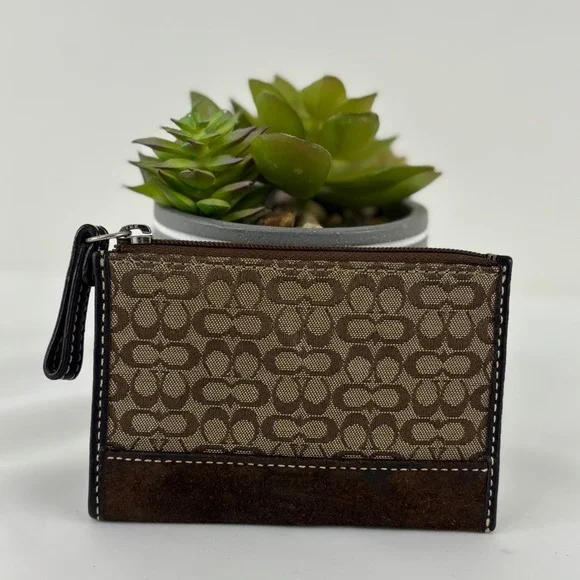 Coach Signature Monogram Mini Skinny ID Case Brown Suede Trim Zip Wallet