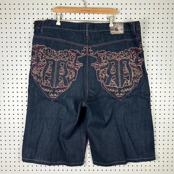 Red Ape Authentic Denim Shorts Size 46 Embroidered Baggy Y2K Hip Hop Gothic Blue
