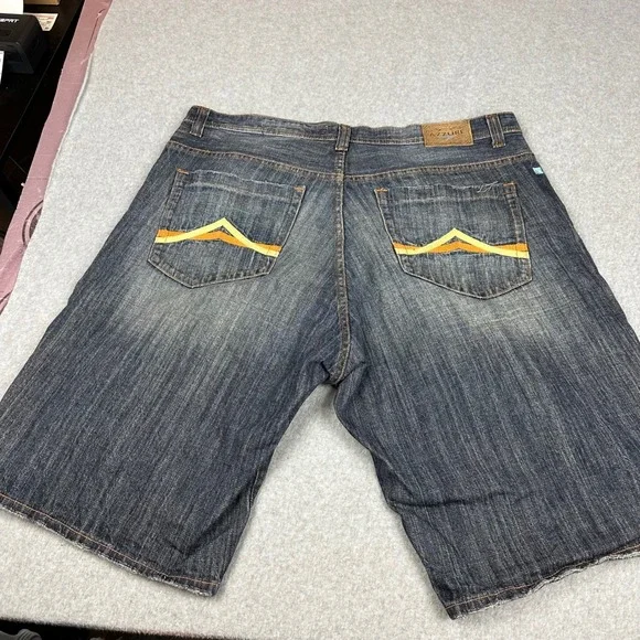 Azzure Mens Love Life Denim Shorts Dark Wash Embroidered‎ 40W Relaxed Fit Y2K