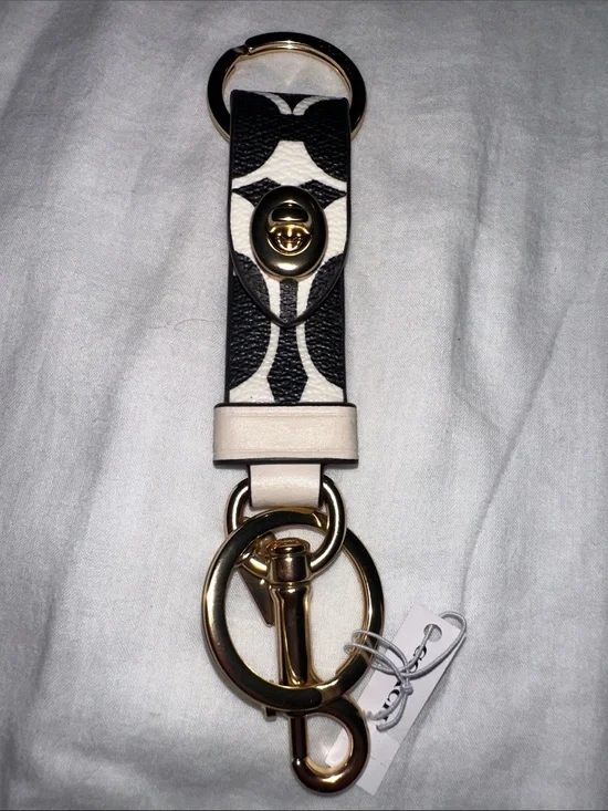 Coach Black & Chalk Signature Leather Keychain with Gold Hardware