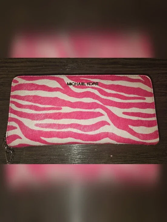Michael Kors Hot Pink and White Zebra Calf Hair Zip Around Wallet