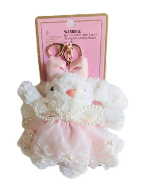 💕▪️Piper K ▪️Plush Bunny Keychain Card Holder in Pink with Pearl Bow