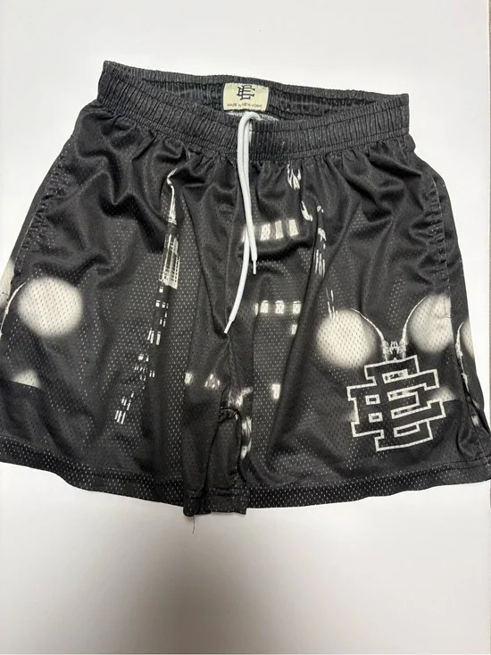 Eric Emanuel Black Mesh Graphic Athletic Shorts with White Drawstring
