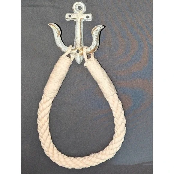 NWOT Nautical Anchor Rope Towel Holder hardware incl White + Gold