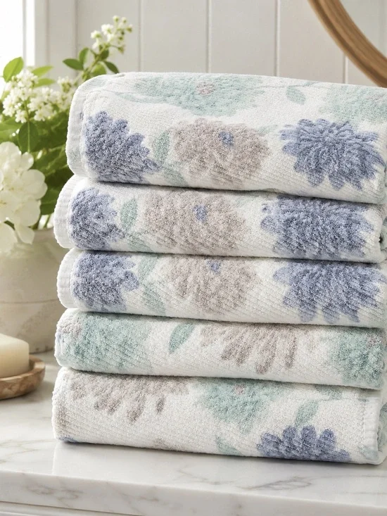 Set of 5 Floral Bath Towels 100% Cotton Soft Blue Sage Green 26x52 Matching