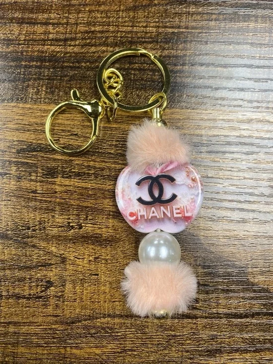 Pink Pom Keychain with Pearl Accent