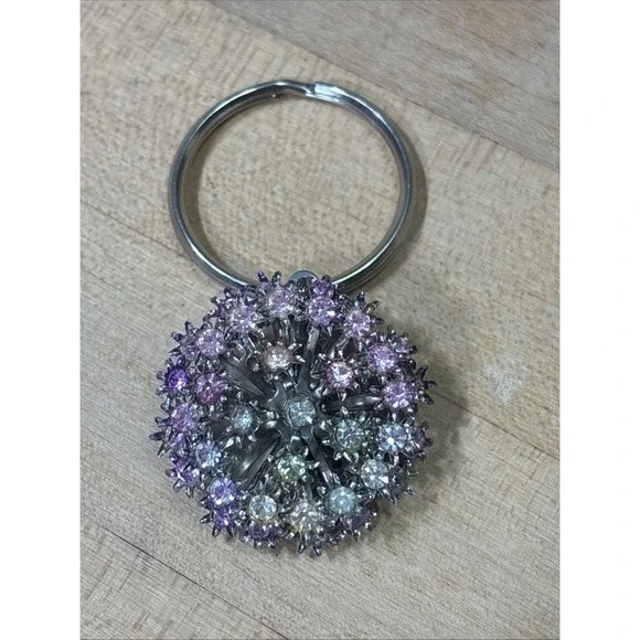 Y2K Silver Tone Rhinestone Starburst Purse Charm Keychain Pink AB Crystal Dangle
