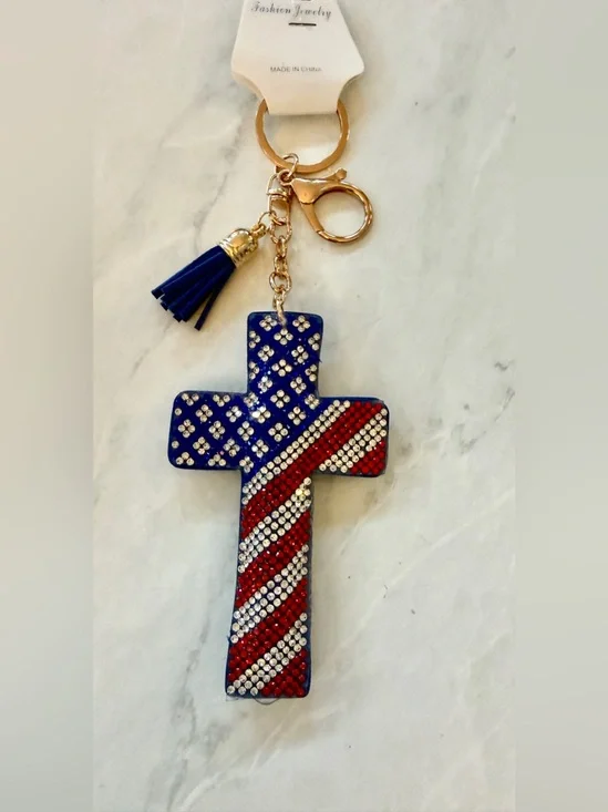 ✨ NWT Patriotic American Flag Rhinestone Puffy Cross Keychain Bag Charm