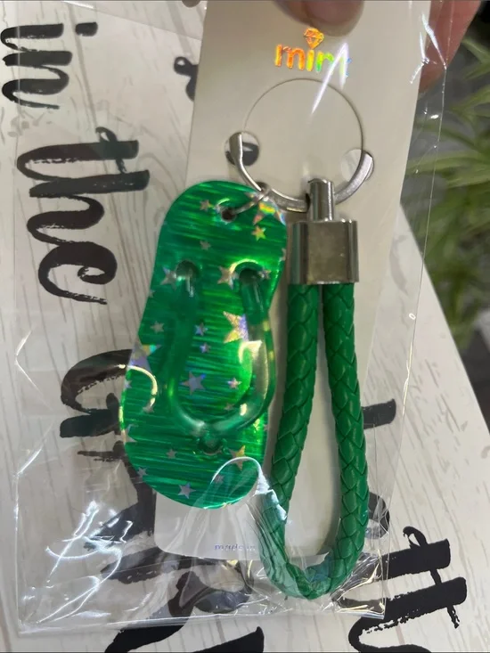 Green Holographic Flip Flop Keychain with Braided Strap
