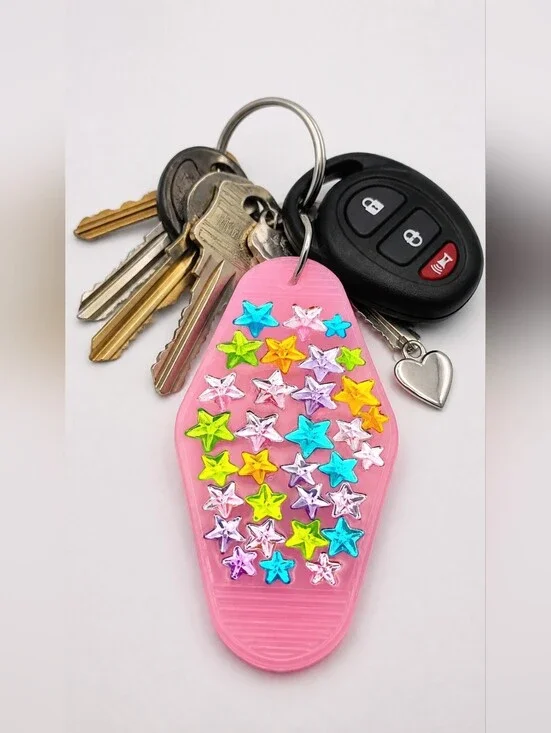 Motel Keychain Custom Retro Styled Pink Multicolored Stars Gemstone Keychain