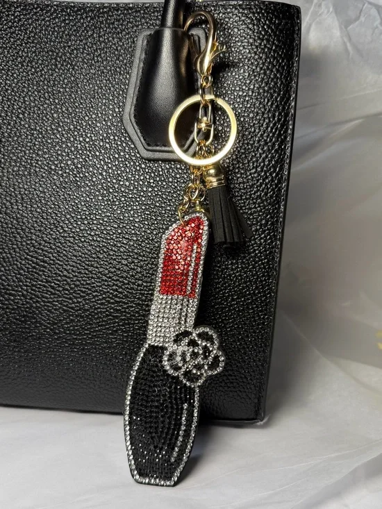 Crystal Lipstick Key & Bag Charm - Black, Red and Silver