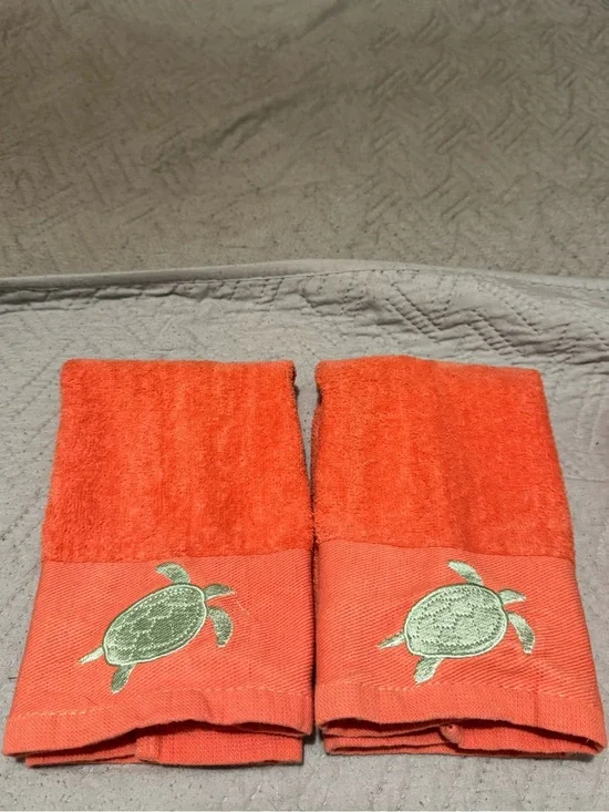 Orange Embroidered Turtle Hand Towels