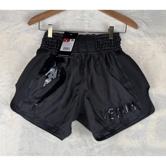Venum Men Large Giant Muay Thai Shorts Black Elastic Wristband Mesh Sides Boxing
