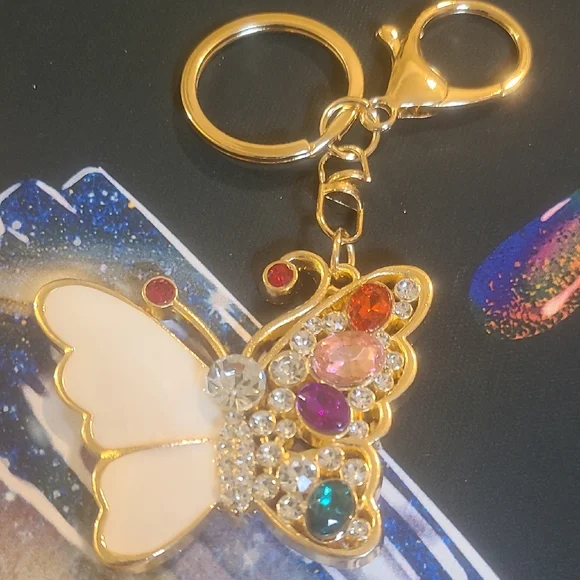 Gold Butterfly Keychain with Colorful Gems