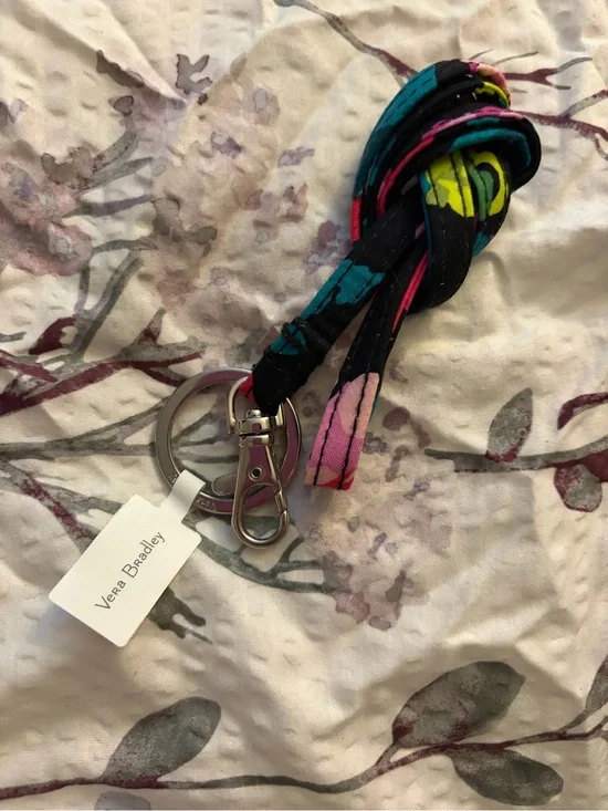 Vera Bradley Black Floral Lanyard Keychain with Pink & Teal Accents