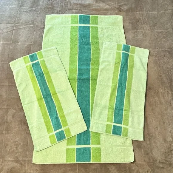 Vintage Fieldcrest Towel Set Green Stripe, 1 Bath, 2 Hand, 3 Pc Royal Velvet