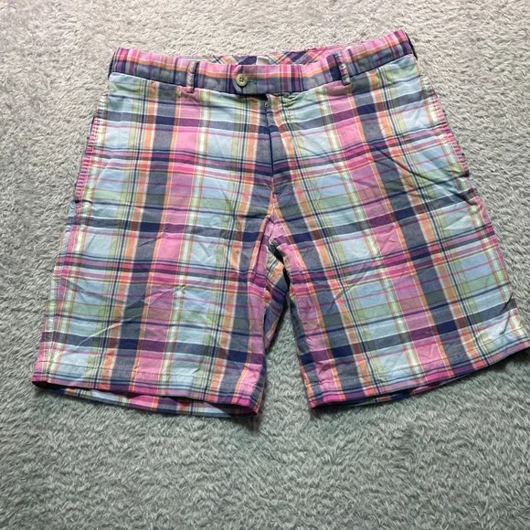 Peter Millar Mens 34 Multicolor Plaid Cotton Flat Front Golf Shorts RN 100308