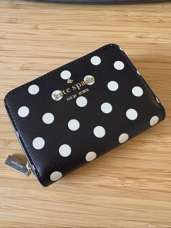 kate spade Black and White Polka Dot Compact Zip Wallet