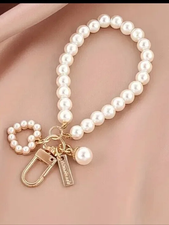 3 For $10🆕Pearl Bead Keychain Bracelet with Gold Accents