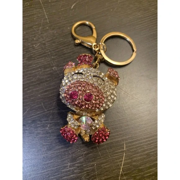 Pig Articulated Keychain Bejeweled Rhinestone Purse Jewelry Bling Clip Key Ring