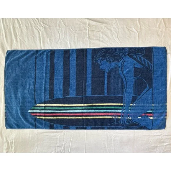 Surfer Girl Beach Towel 27x54 Surfboard Blue Stripes Reversible Navy Blue *READ*