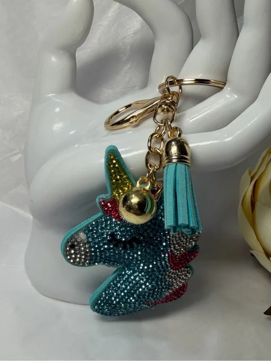 Turquoise Crystal Unicorn Keychain with Tassel