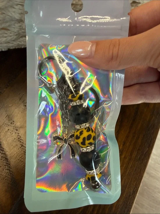 Leopard Bead Keychain with Bow Charm - Yellow & Black