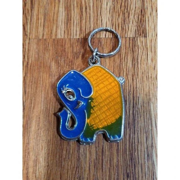 Vintage SWIB ELEPHANT Metal Enamel Silver Tone Keychain Key Chain Heavy