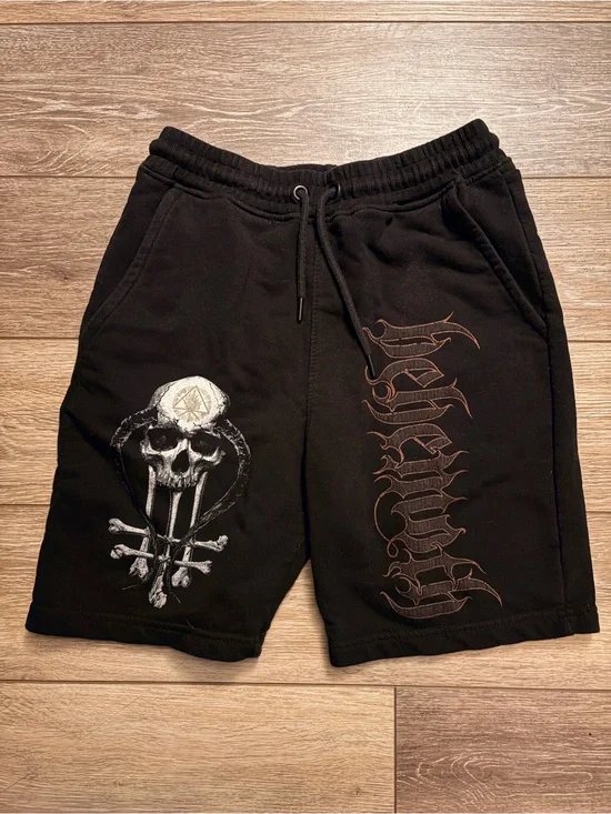 Behemoth Black 100% Satanic Men's Sweat Shorts with Skull Graphic and logo