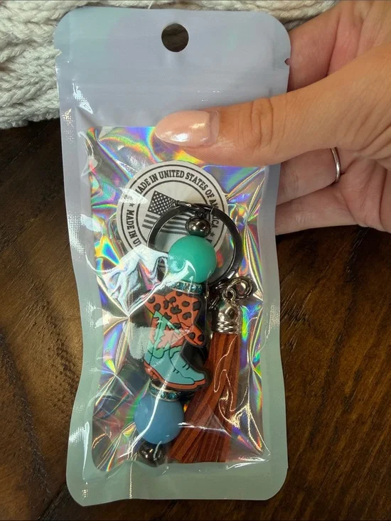 Turquoise & Coral Cowboy Boot Beaded Keychain with Brown Tassel