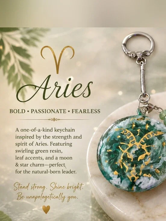 Aries Green Swirling Resin Keychain with Gold Trim