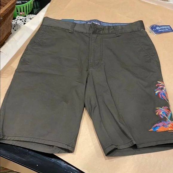 Men’s Olive Cargo Shorts Tropical Embroidery Relaxed Fit NWT BEACH OUTDOOR SZ 29